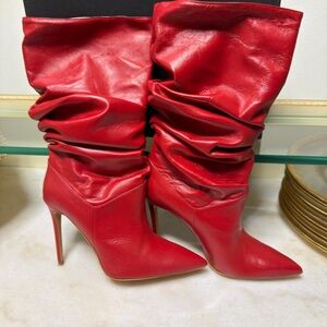 Red Slouchy Pointed-Toe Stiletto Knee Boots - Women's Fashion Heels